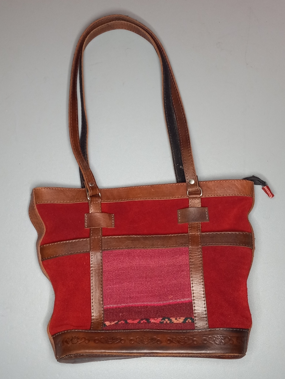 Made in Bolivia Leather Tote Purse Red Brown Phone Pocket Large Zip Shoulder Bag